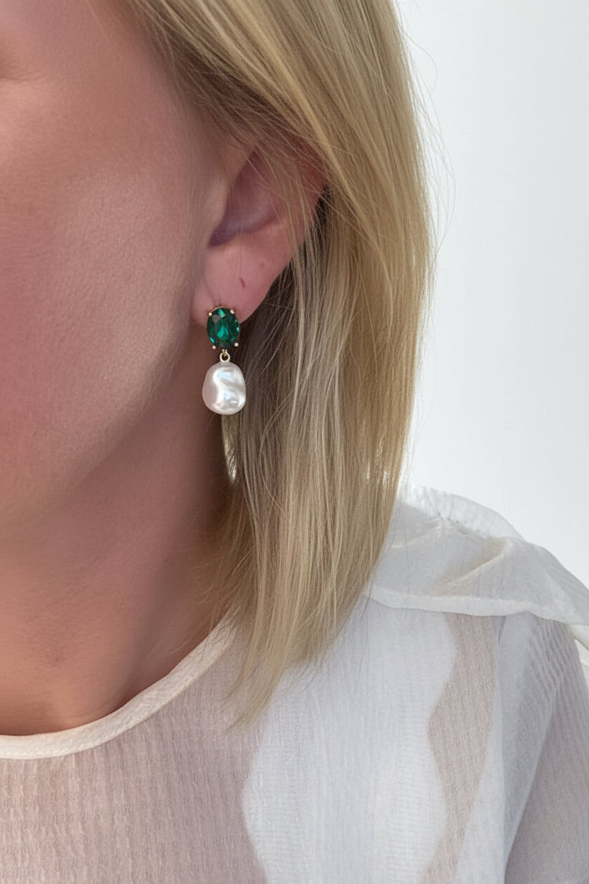 Paris Green Emerald Oval Stud Baroque Pearl Earrings