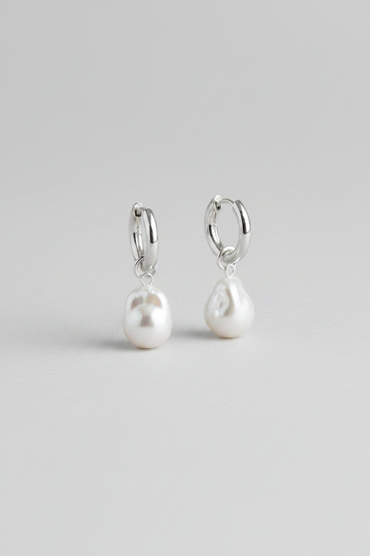 Baroque Pearl Huggie Hoops Silver