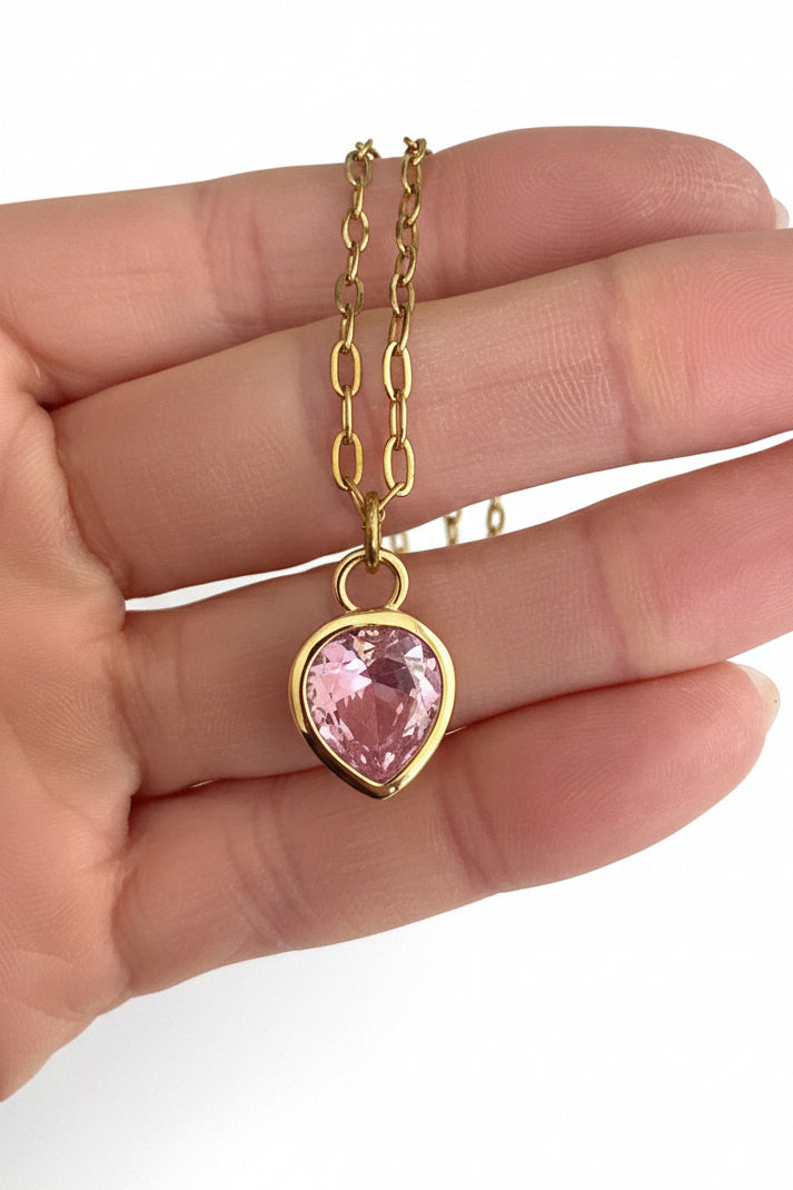 Rose Pink Dewdrop on Stainless Steel Necklace