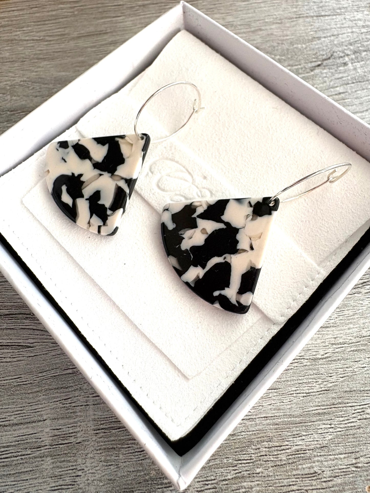 Tortoiseshell Black and White Triangle Hoop Earrings