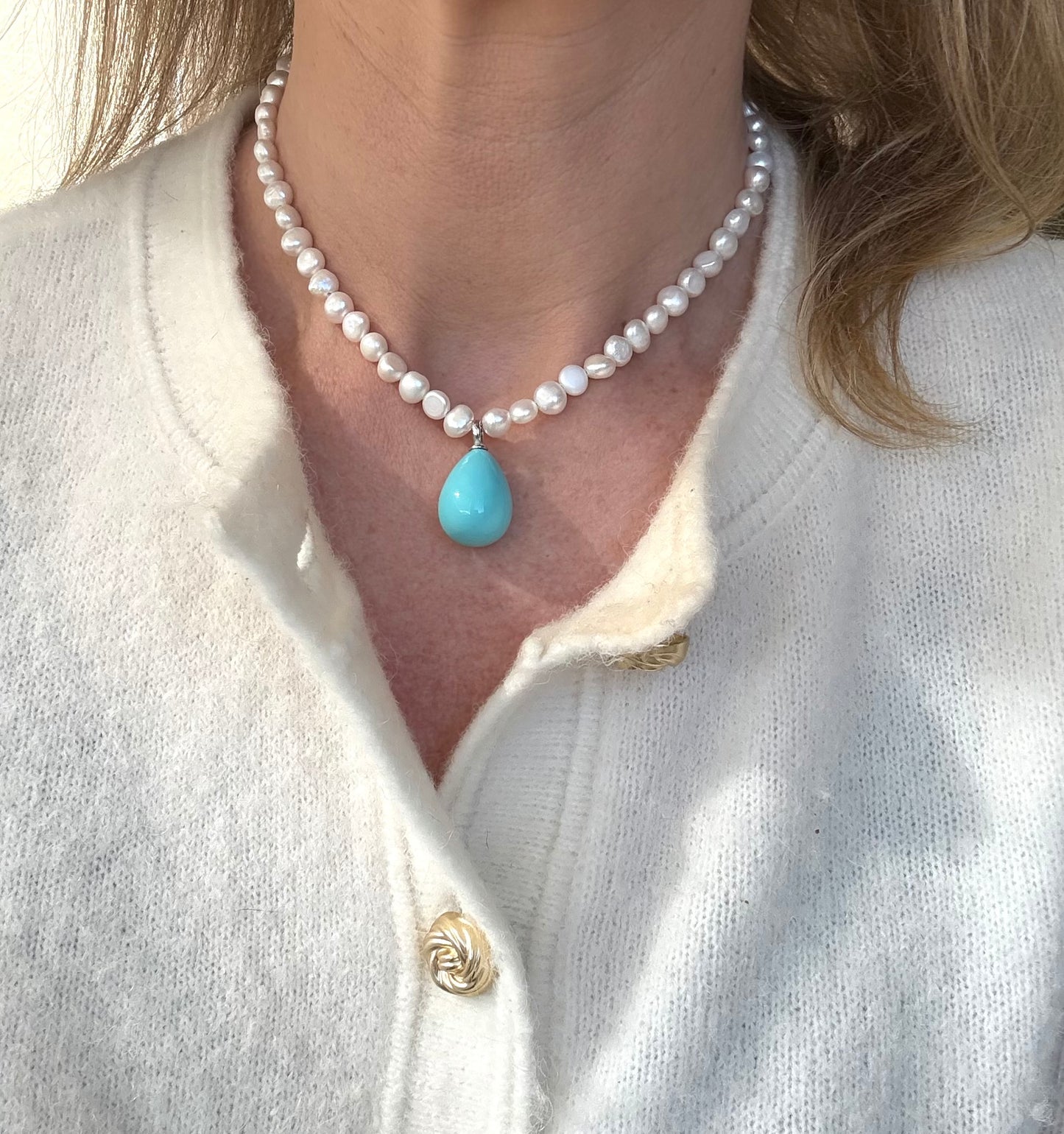 Turquoise Faux Pearl & Freshwater Nugget Pearl Necklace on Sterling Silver