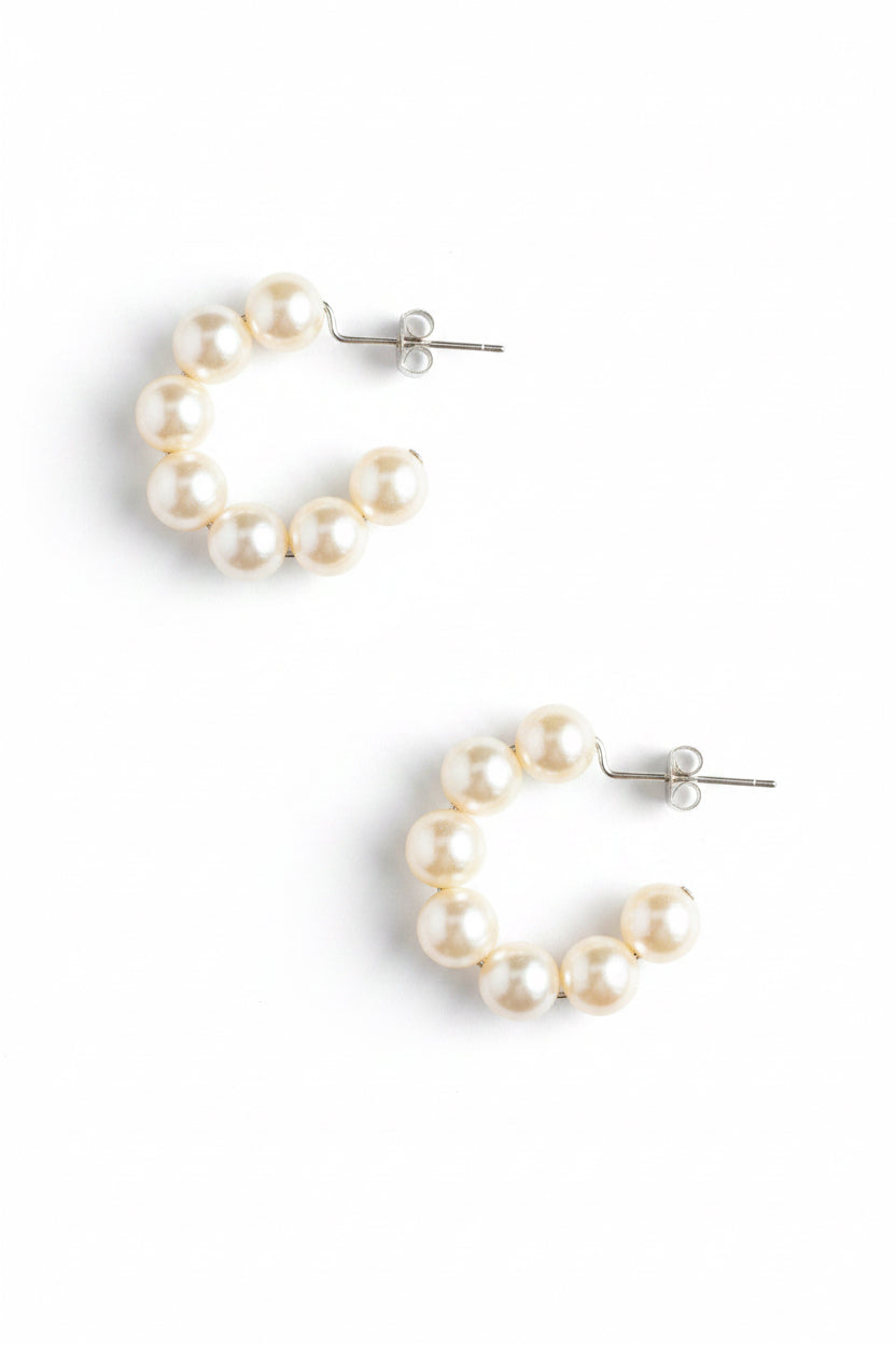 Moon Hoops Cream Swarovski Pearl- Silver