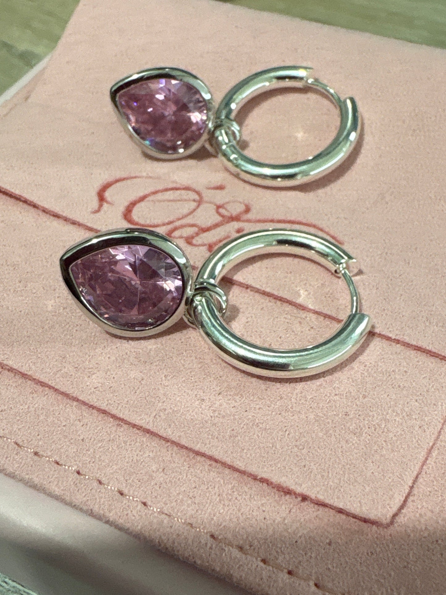 Rose Pink Dewdrop Hoops Silver