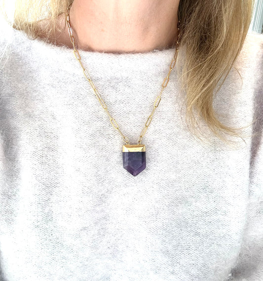 Amethyst Gemstone Paperclip Necklace Gold Stainless Steel