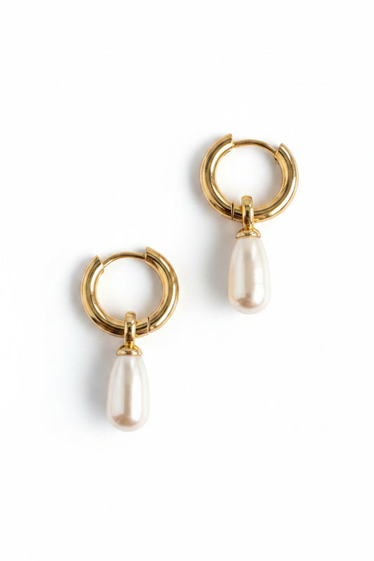 Pearl Droplet Hoops or Huggies Gold/White