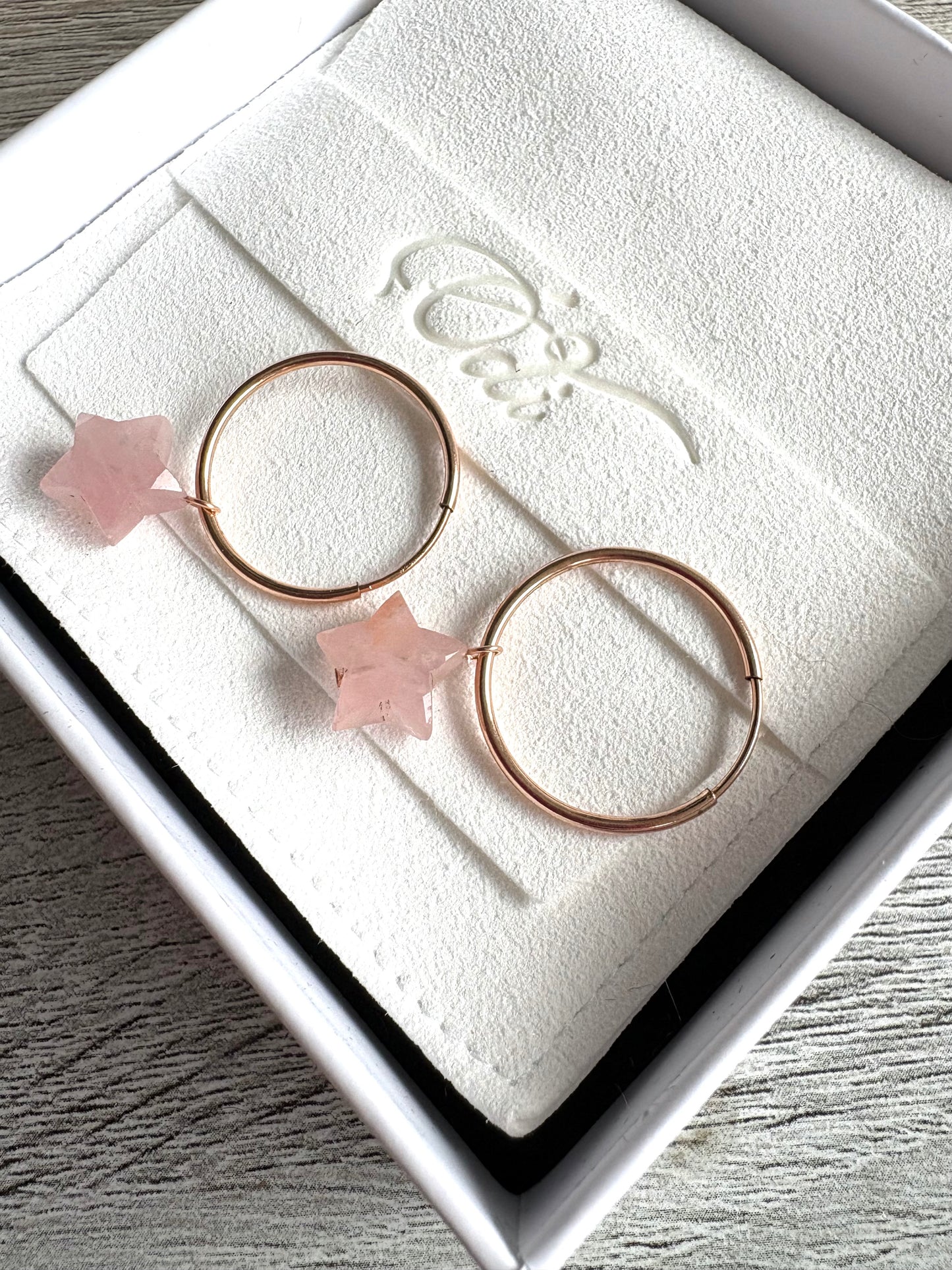 Rose Quartz Rose Gold Filled Star Hoops