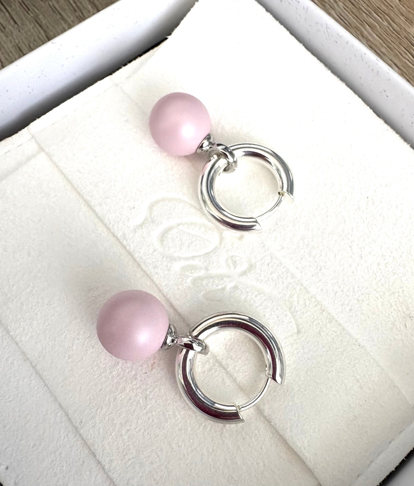 Baby Pink Pearl Rounds On Silver Hoops