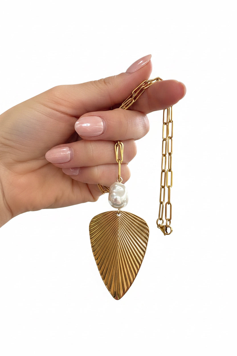 Palm Leaf Tropical Baroque Pearl Stainless Steel Necklace