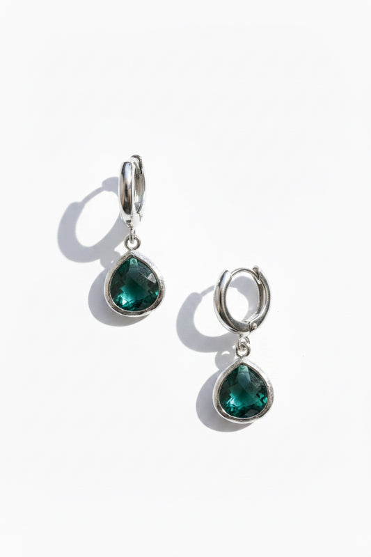 Emerald Drop Jewel on Huggies Silver