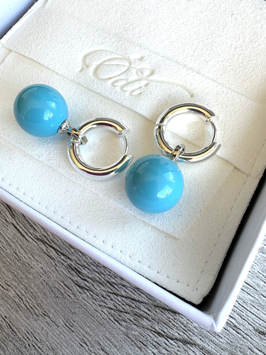 Primero Turquoise Pearl Rounds on Stainless Steel Gold or Silver Hoops or Huggies