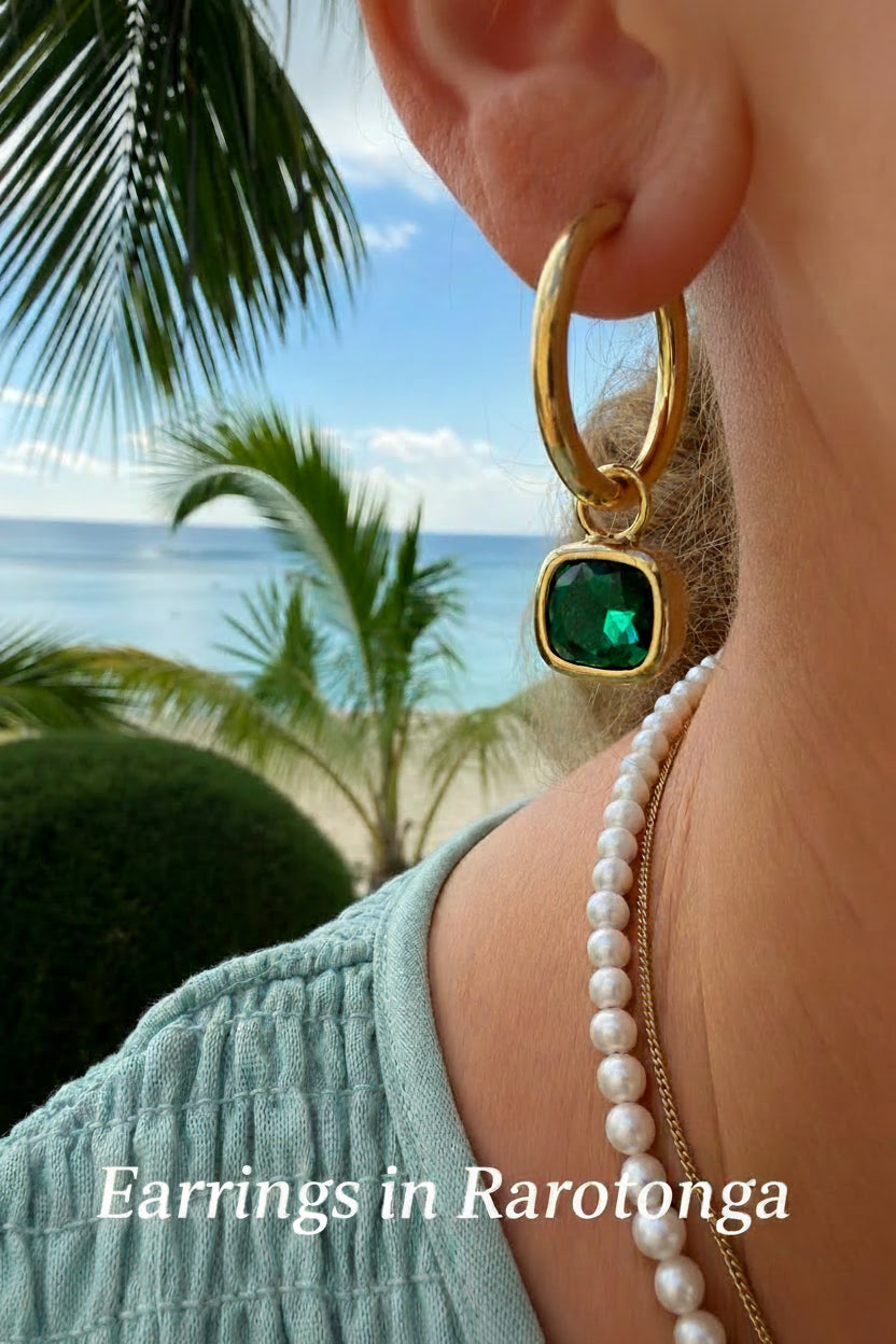 Glass Cushion Hoops Emerald Green and Gold