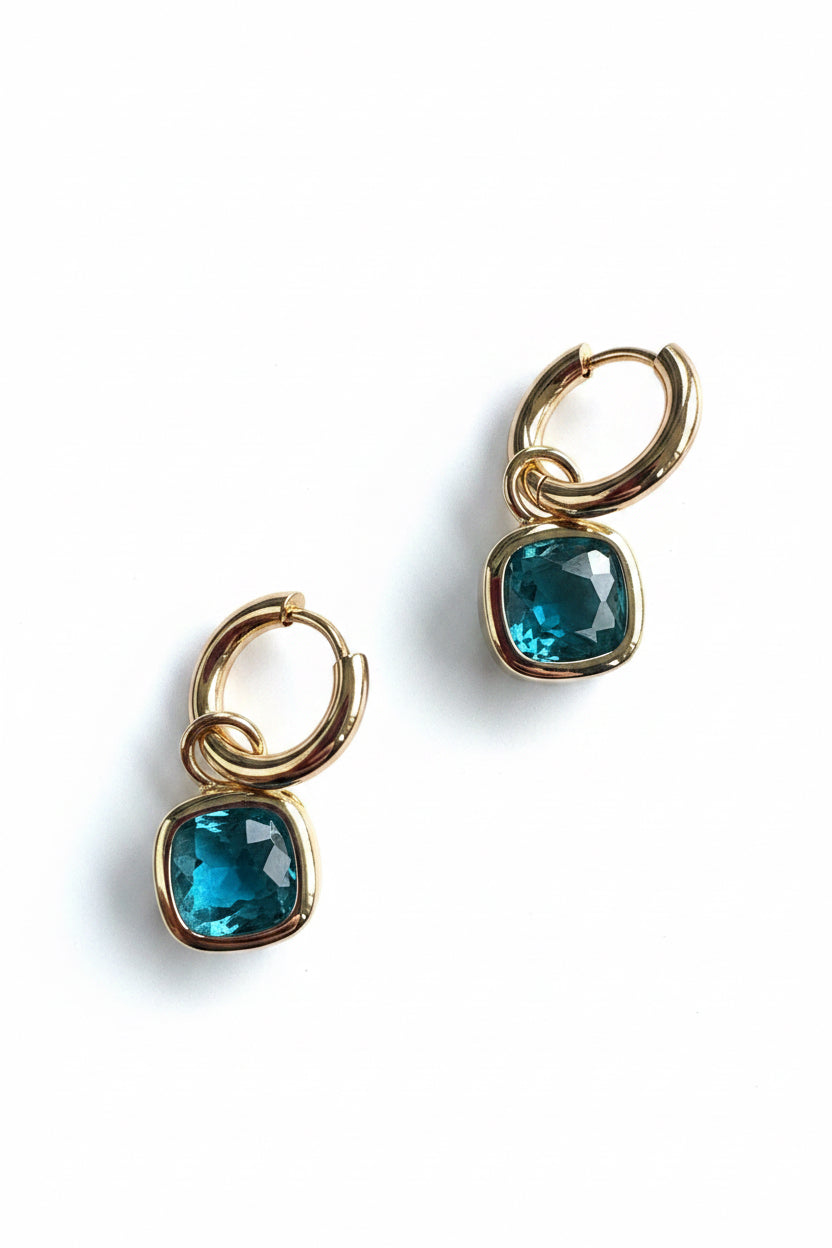 Glass Cushion Hoops Aqua -Gold Hoops or Huggies