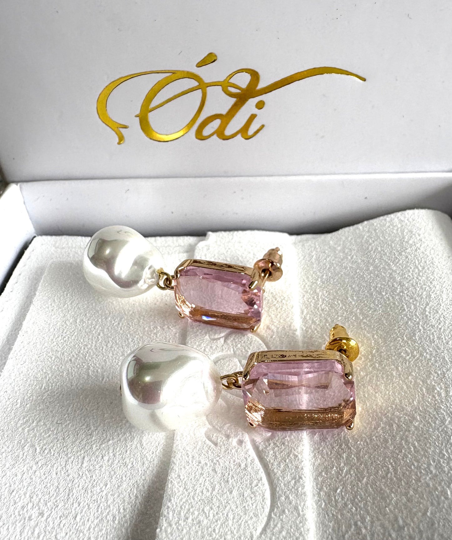 Pink Rectangle Cushions with Baroque Pearl Stud Dangles