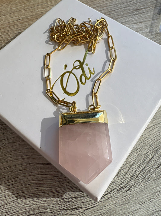 Rose Quartz Gemstone Paperclip Necklace Gold Stainless Steel