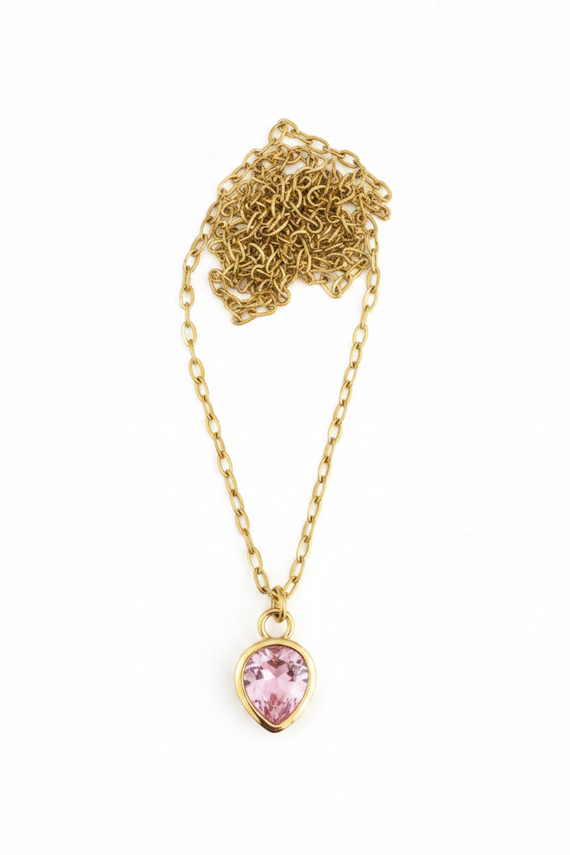 Rose Pink Dewdrop on Stainless Steel Necklace