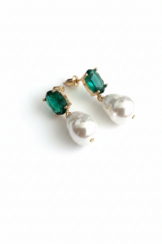 Paris Green Emerald Oval Stud Baroque Pearl Earrings