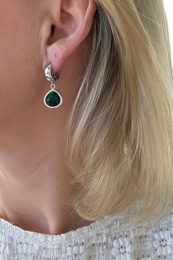Emerald Drop Jewel on Huggies Silver