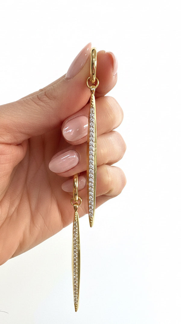 Sparkle encrusted Luxe Spike Earrings Long- Gold or Silver