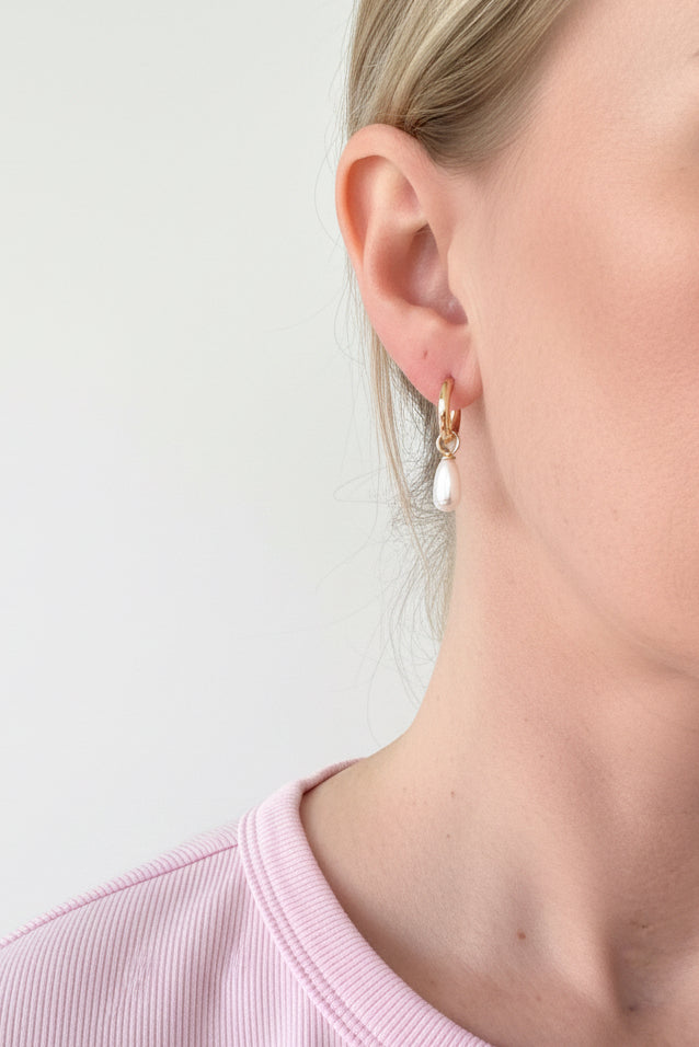 Pearl Droplet Hoops or Huggies Gold/White