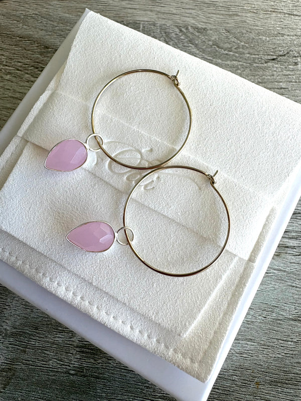 Pink Chalcedony Teardrops on 925 Sterling Silver Hoops