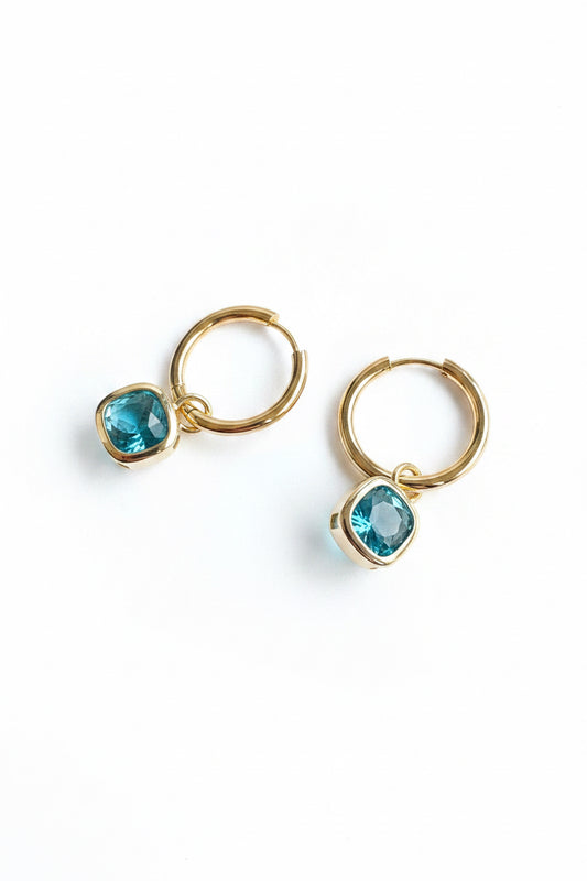 Glass Cushion Hoops Aqua -Gold Hoops or Huggies