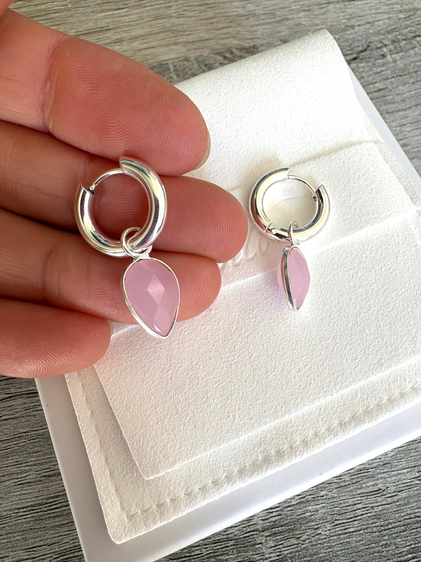 Pink Chalcedony Teardrops on Huggies
