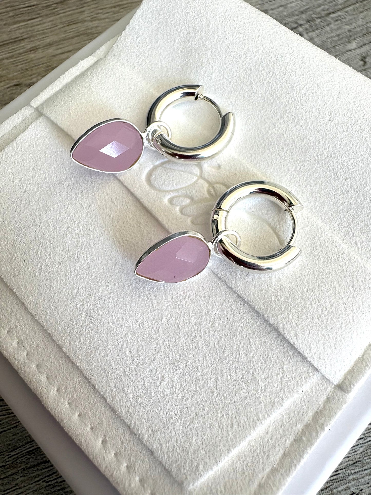 Pink Chalcedony Teardrops on Huggies