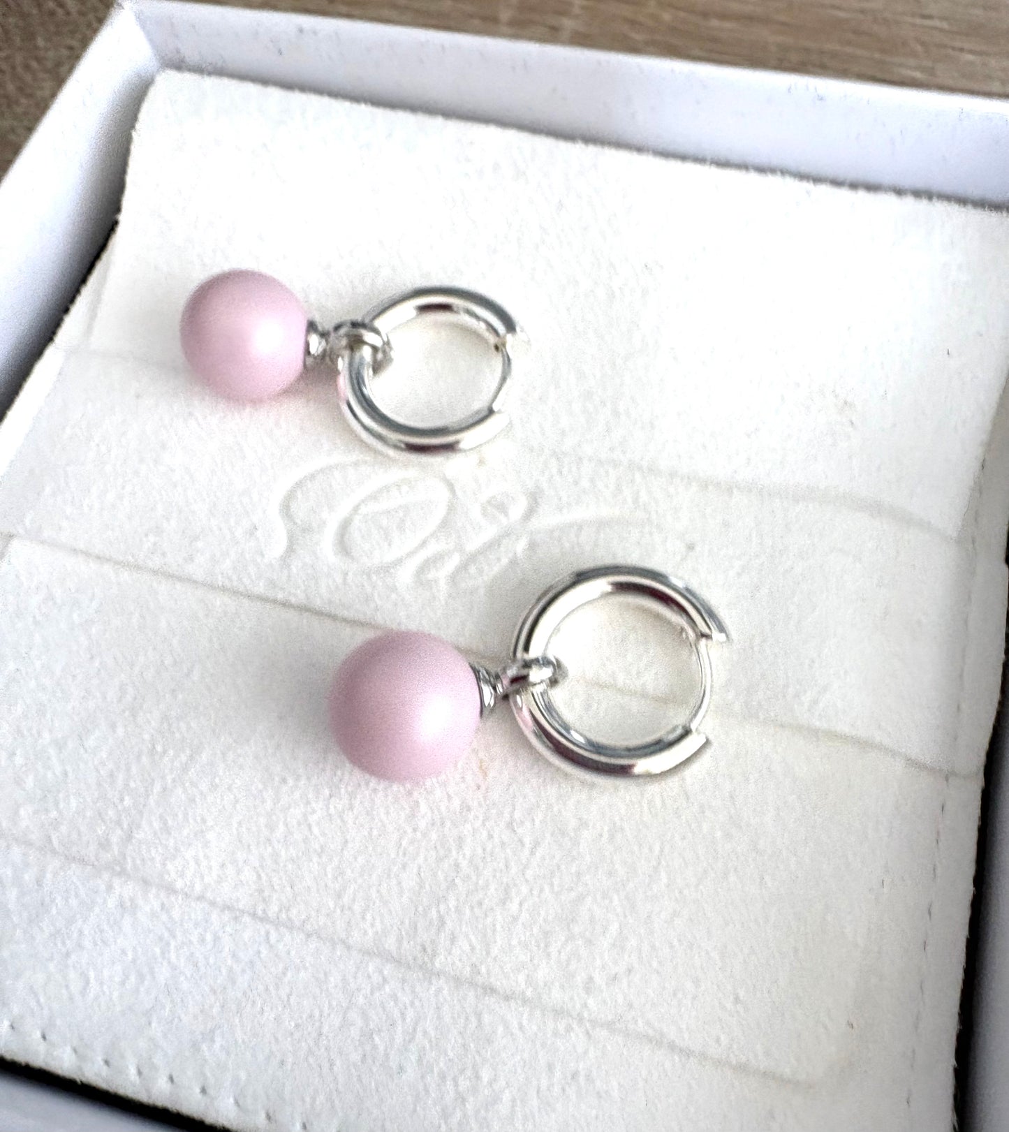 Baby Pink Pearl Rounds On Silver Hoops