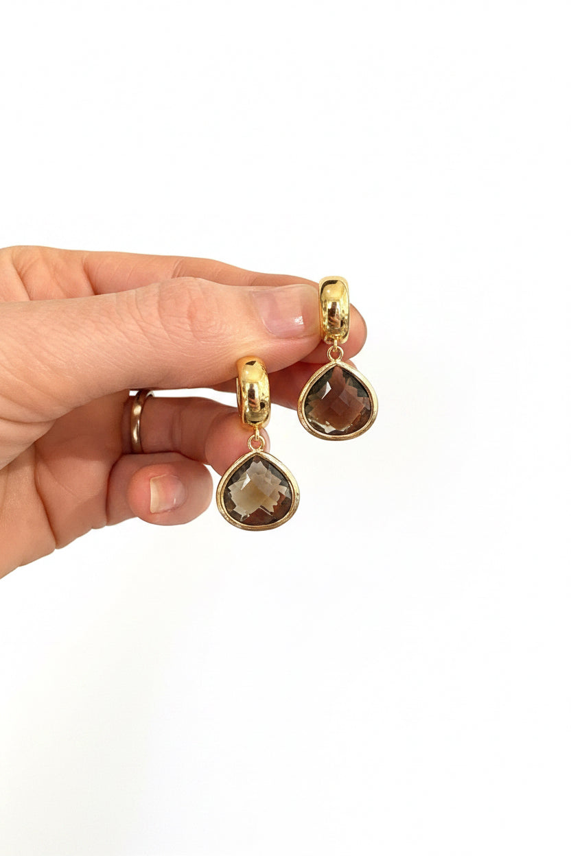 Chocolate Brown Jewel drops on wide Gold Huggies