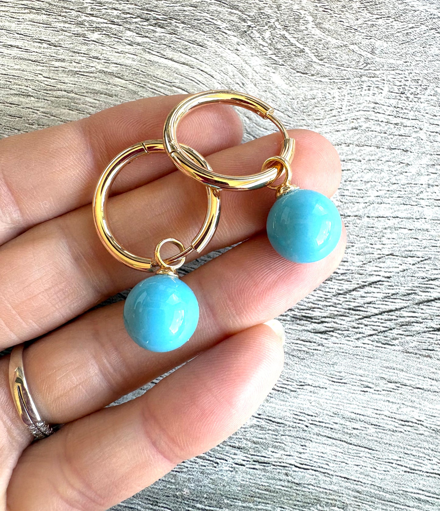 Primero Turquoise Pearl Rounds on Stainless Steel Gold or Silver Hoops or Huggies