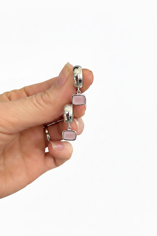 Milk Pink Rectangle Jewels on Wide Silver or Gold Huggies