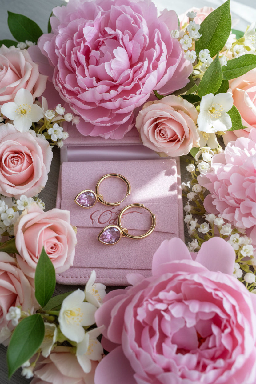 Rose Pink Dewdrop Hoops Gold