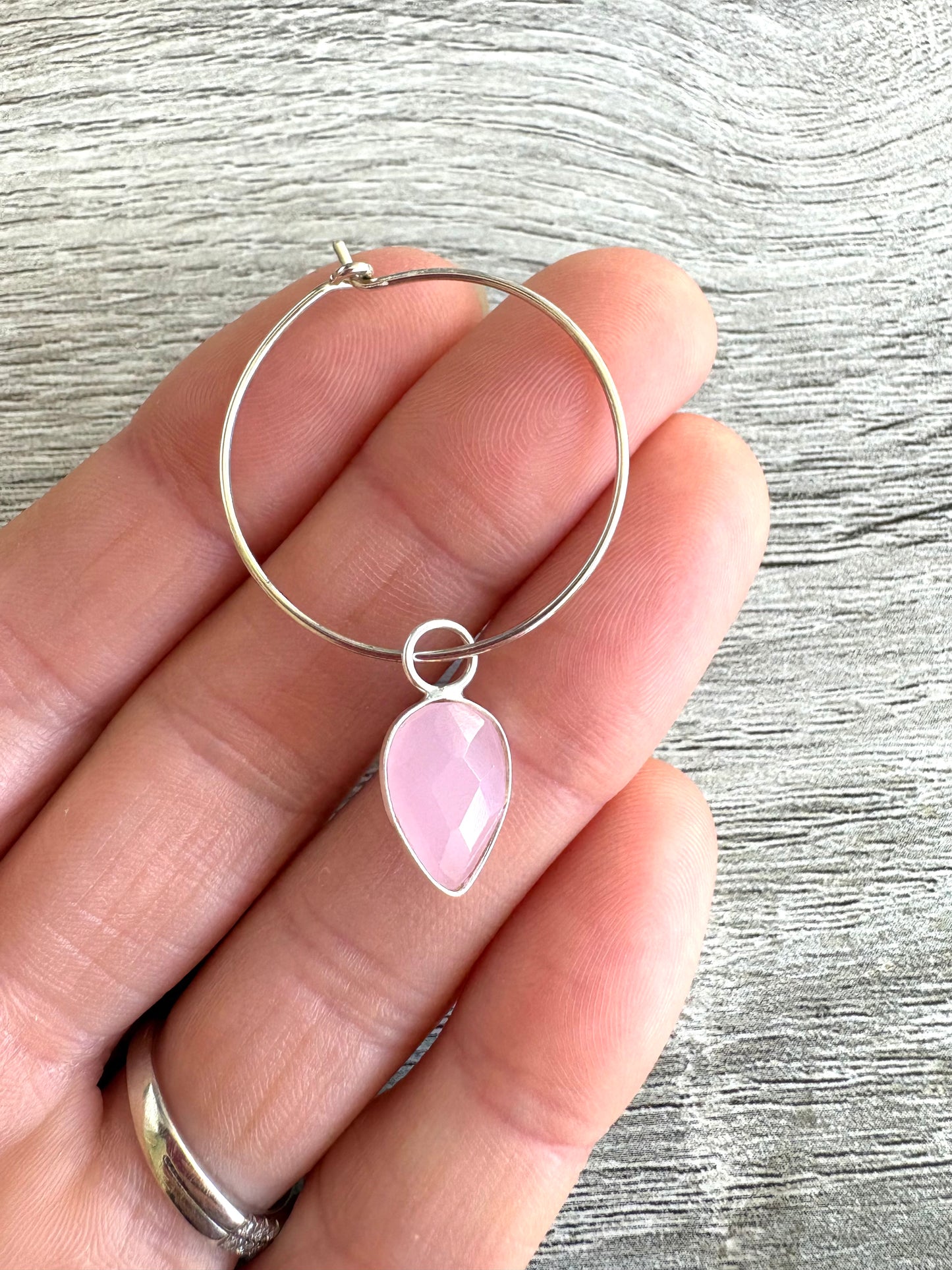 Pink Chalcedony Teardrops on 925 Sterling Silver Hoops