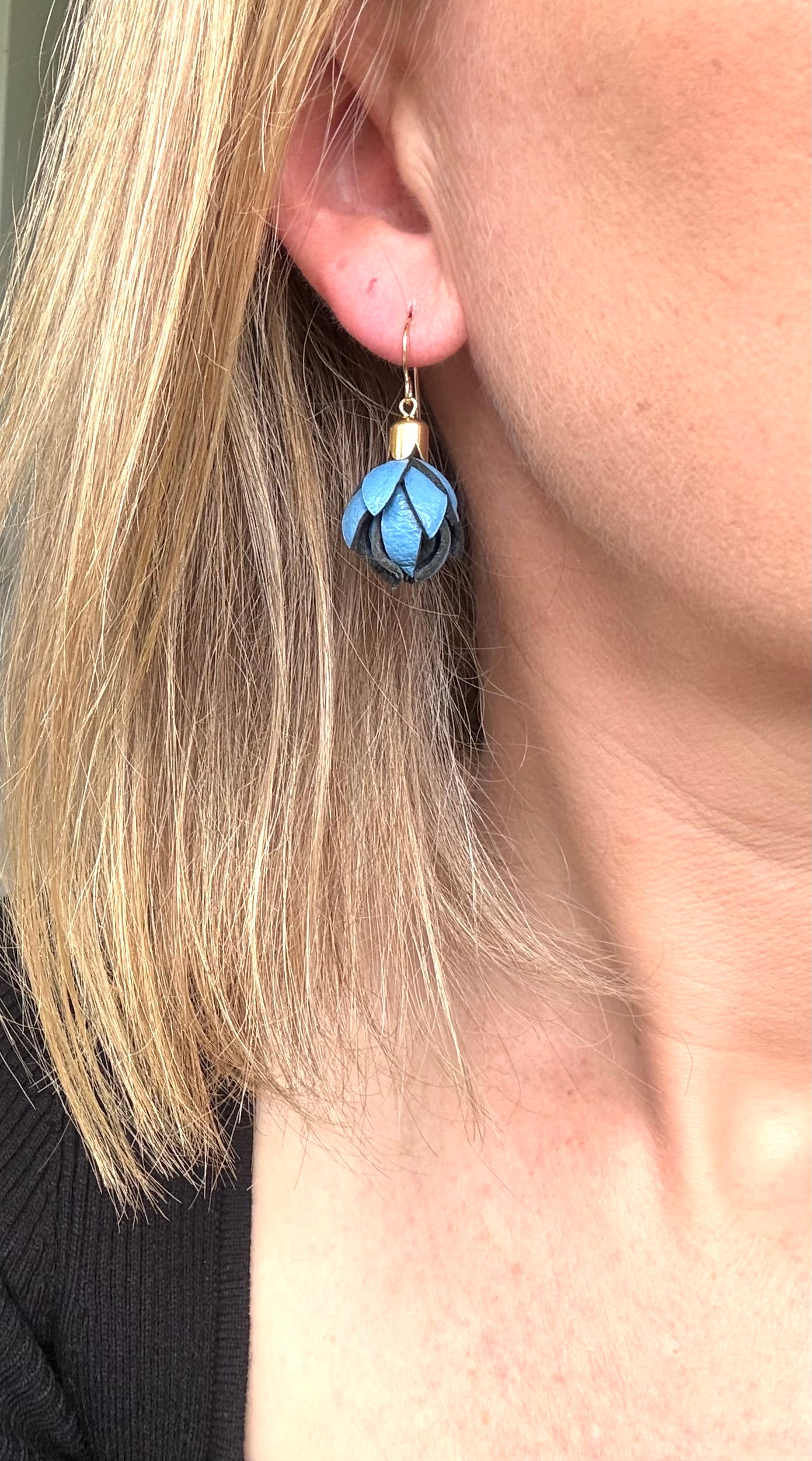 Cobalt Blue Wild Flower Leather Chain Earrings