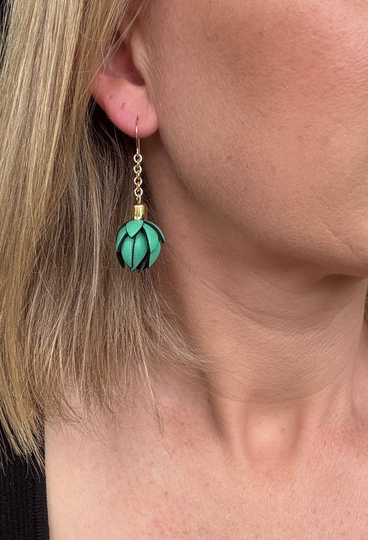 Emerald Wild Flower Leather Chain Earrings