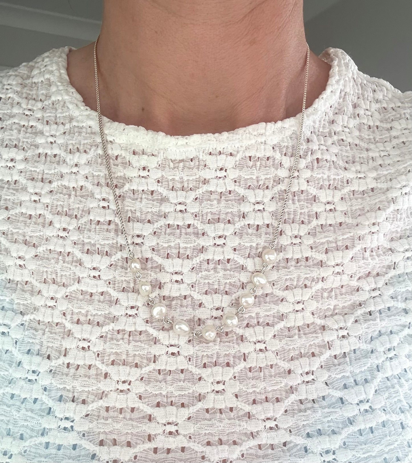 Fine Curb Chain Linked Fresh Water White Nugget Pearl Necklace