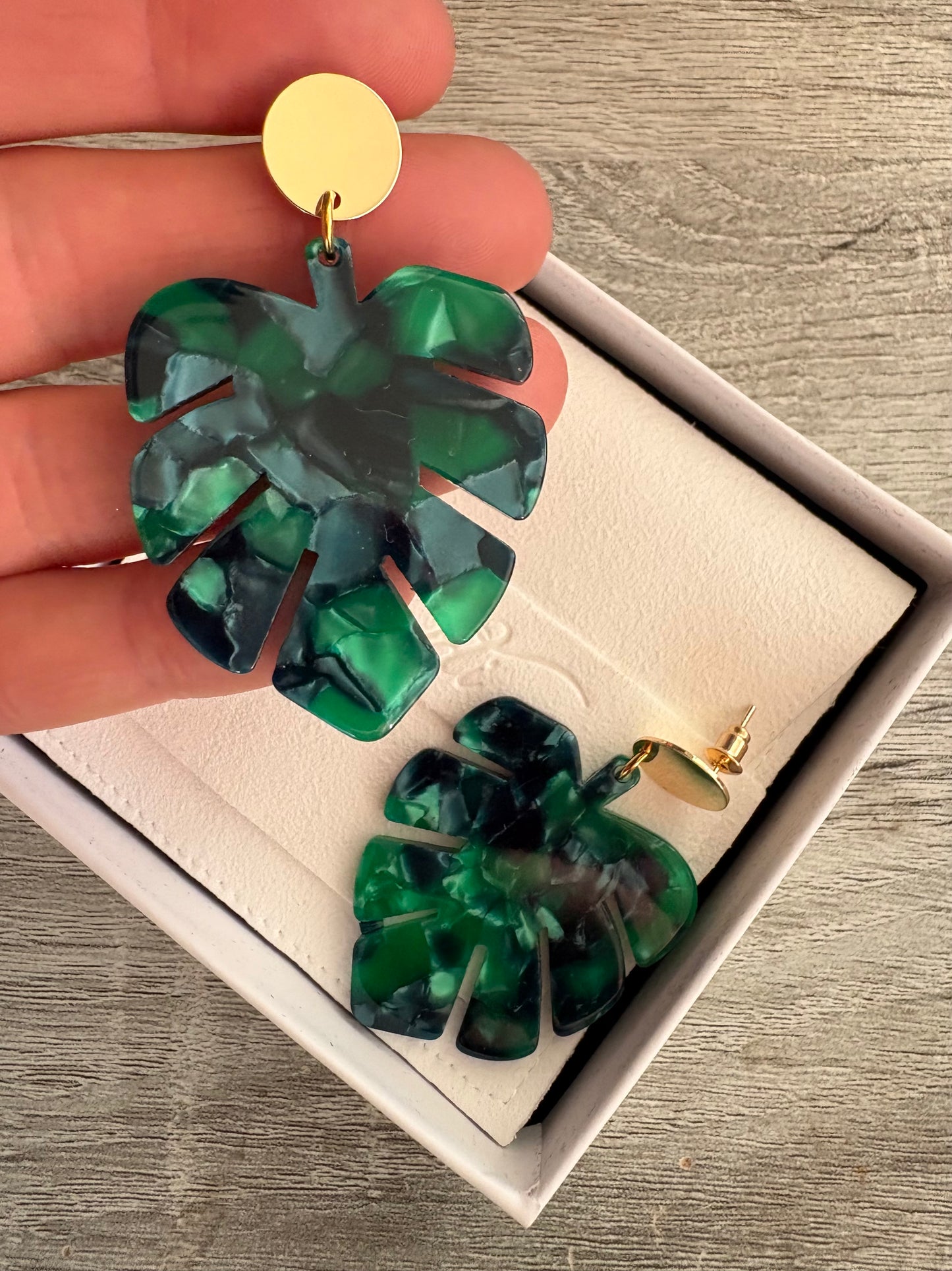 Large Green Monstera Leaf Earrings