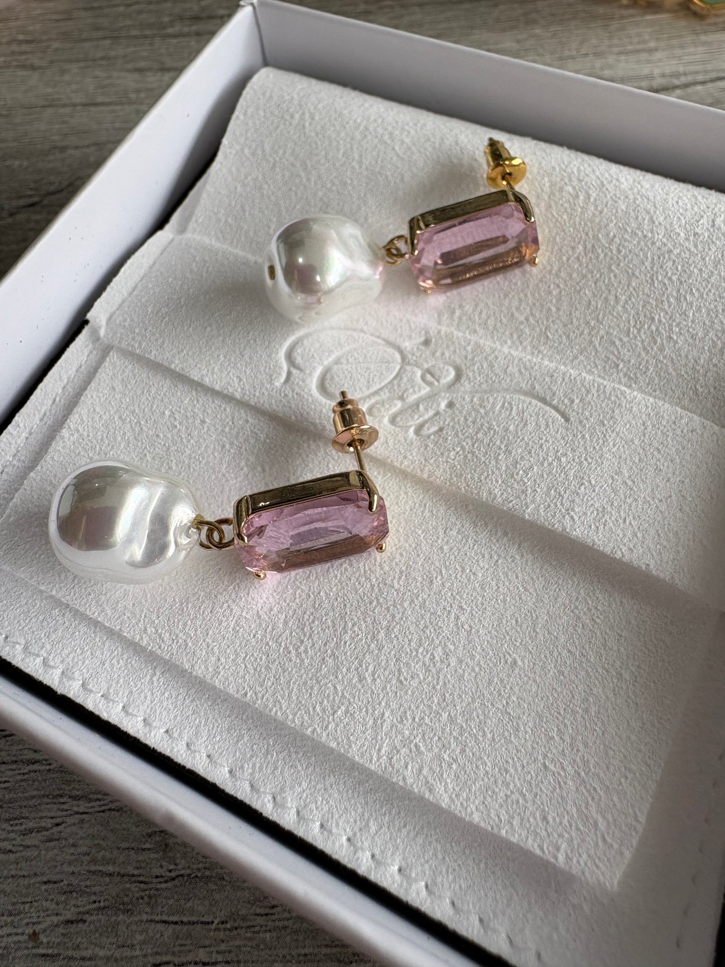 Pink Rectangle Cushions with Baroque Pearl Stud Dangles
