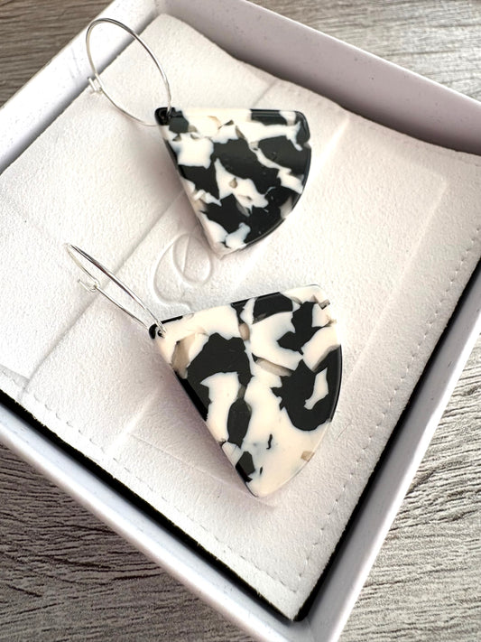 Tortoiseshell Black and White Triangle Hoop Earrings
