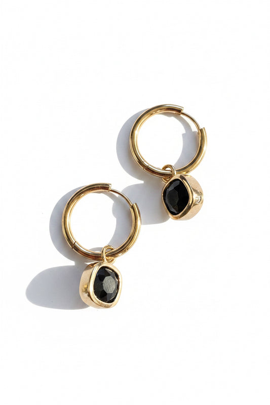 Glass Cushion Hoops Black as Night -Gold