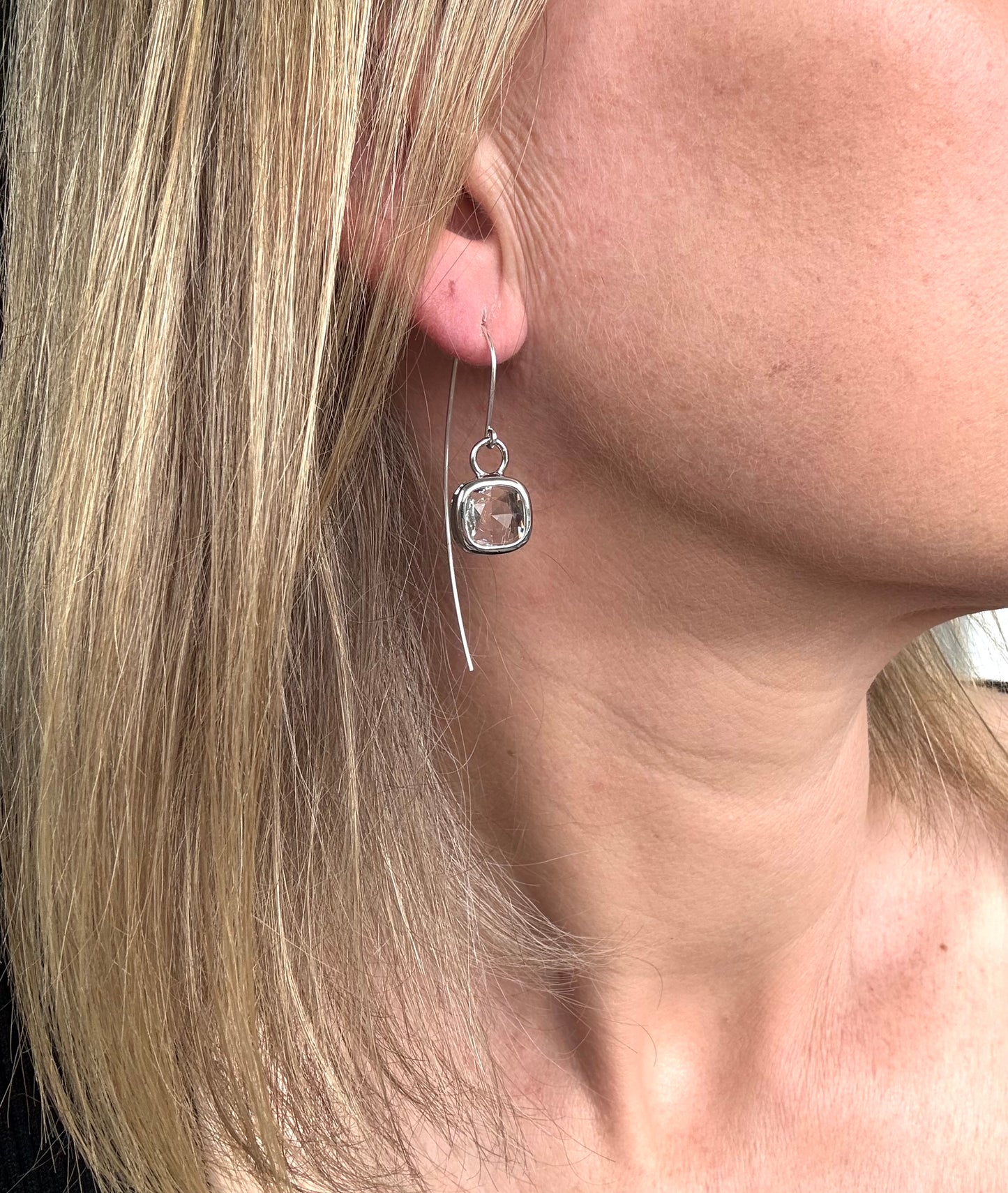 Silver Cushion cut Glass Statement Ear Wires in Sterling Silver