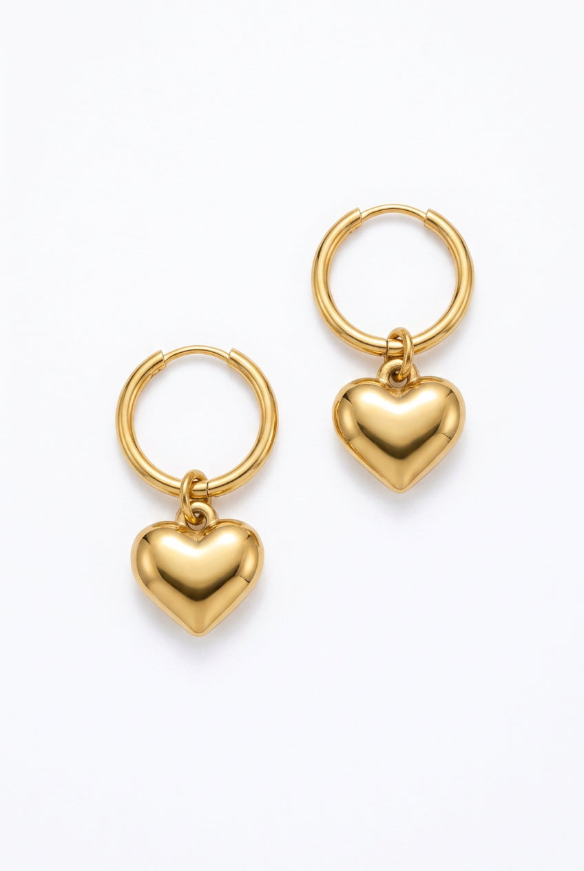 Puff Heart Gold Stainless Steel Hoops