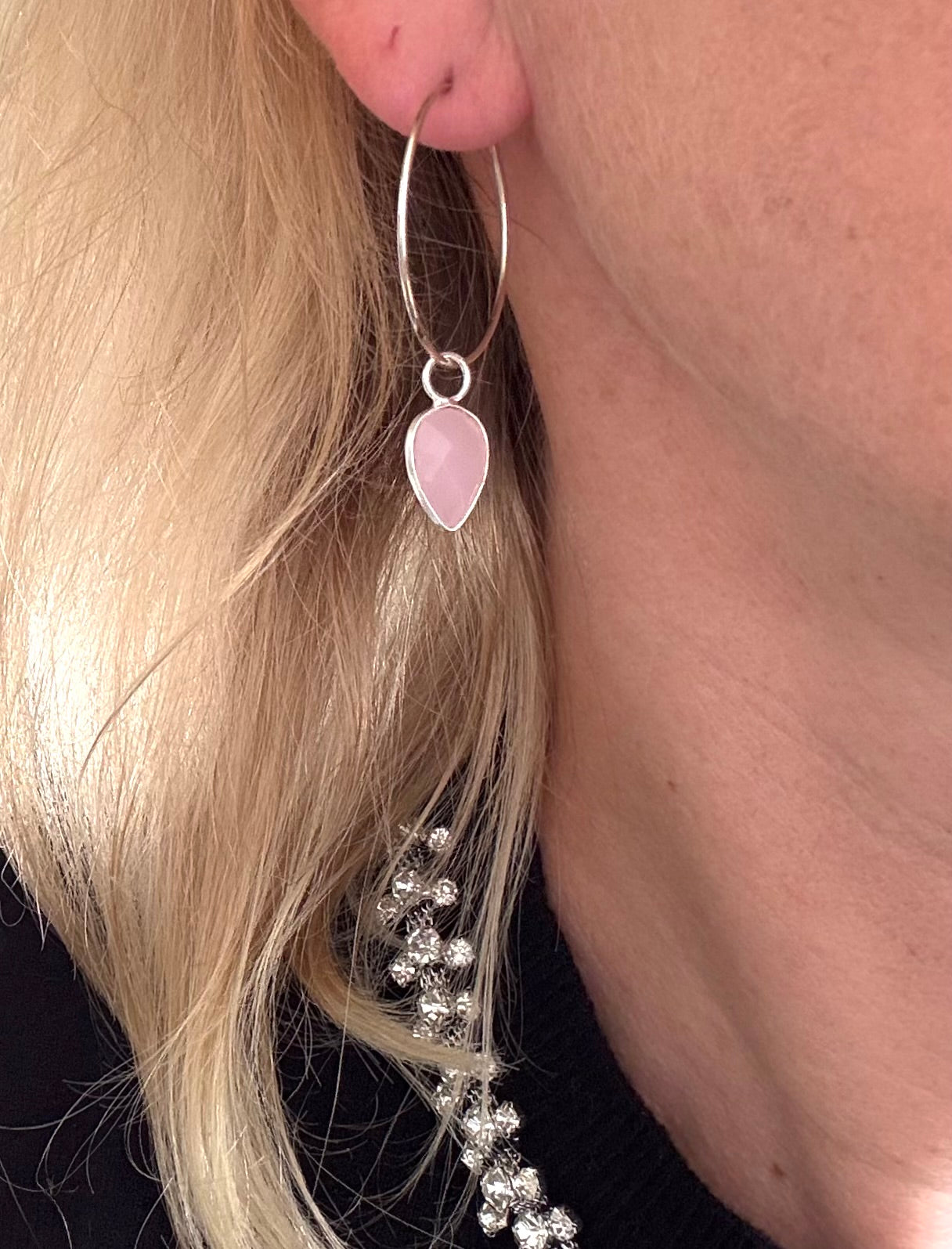 Pink Chalcedony Teardrops on 925 Sterling Silver Hoops
