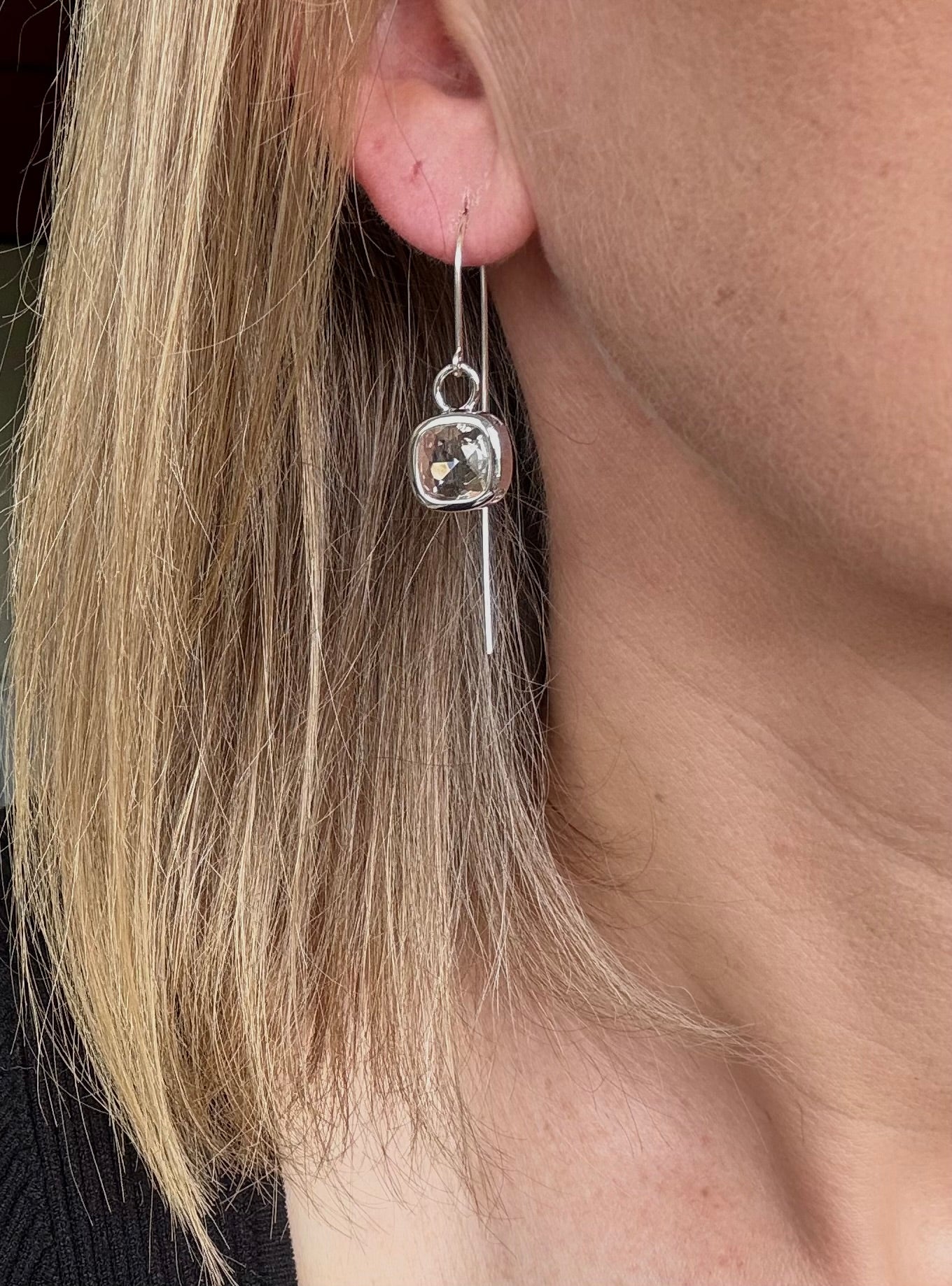 Silver Cushion cut Glass Statement Ear Wires in Sterling Silver