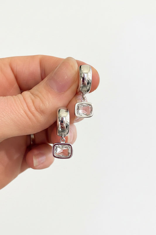 Clear Rectangle Jewels on Wide Silver Huggies