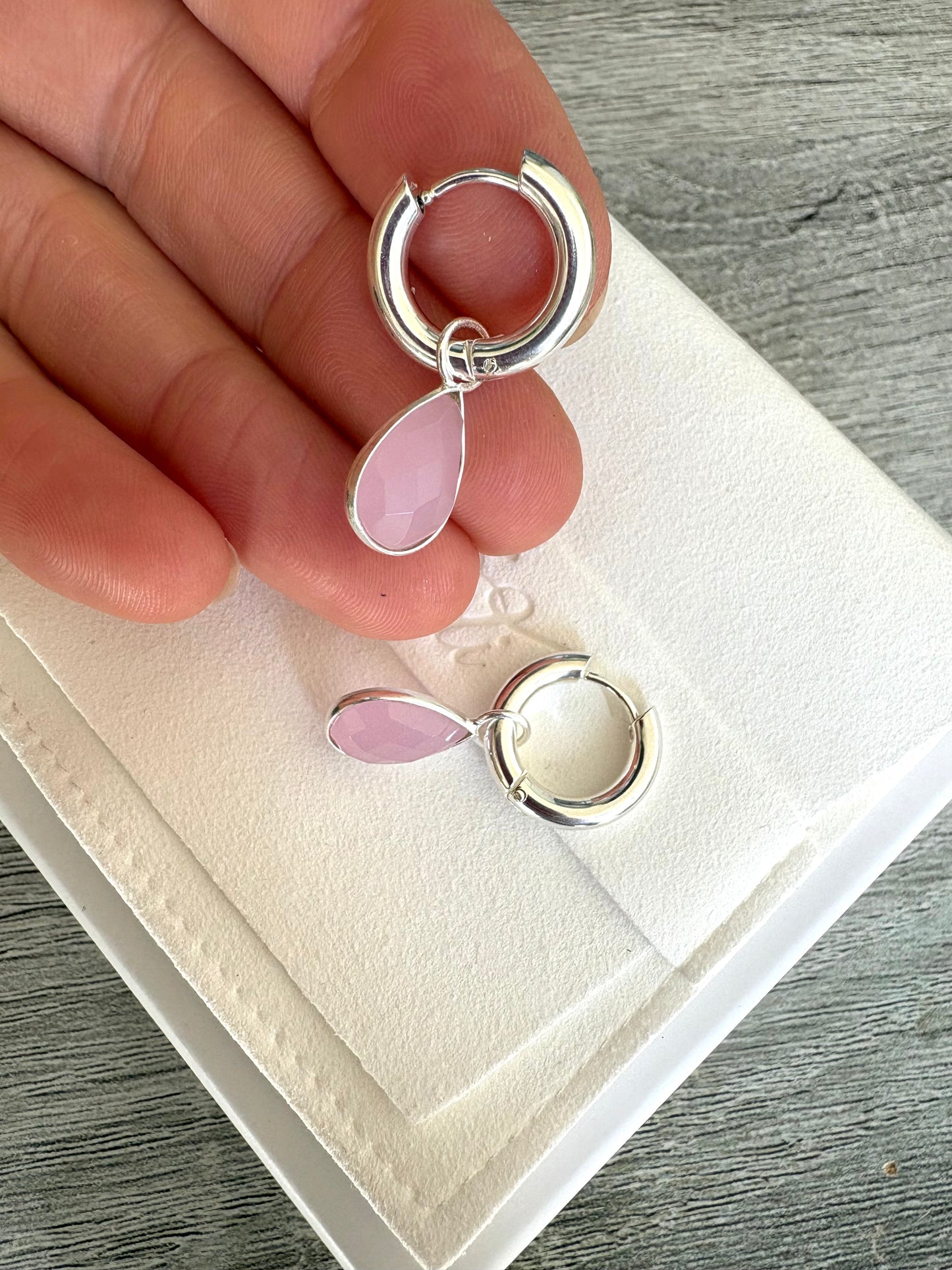 Pink Chalcedony drops on Huggies