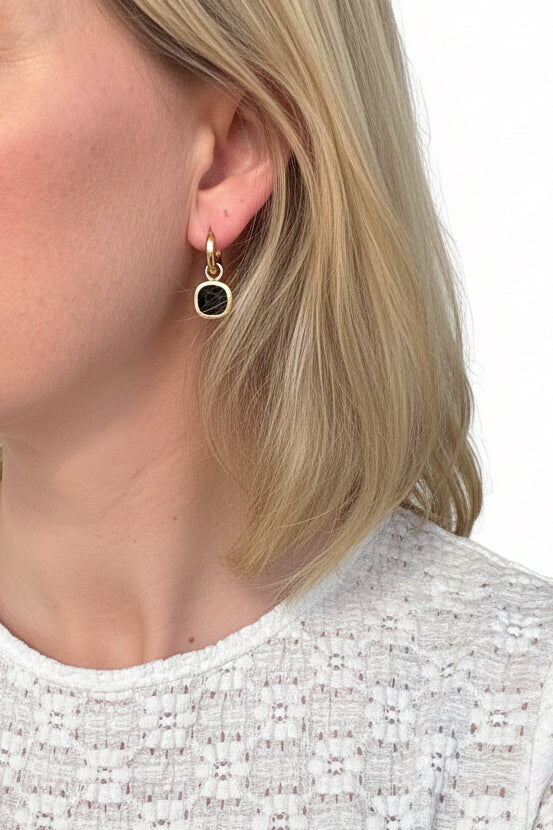 Glass Cushion Hoops Black as Night -Gold