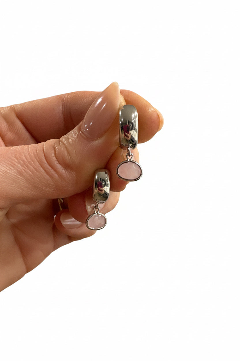 Milky Pink Droplet Jewel Huggies Silver