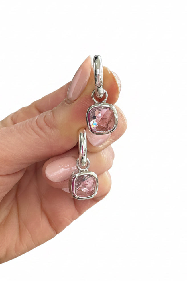 Pink Glass Cushion Hoops or Huggies Silver