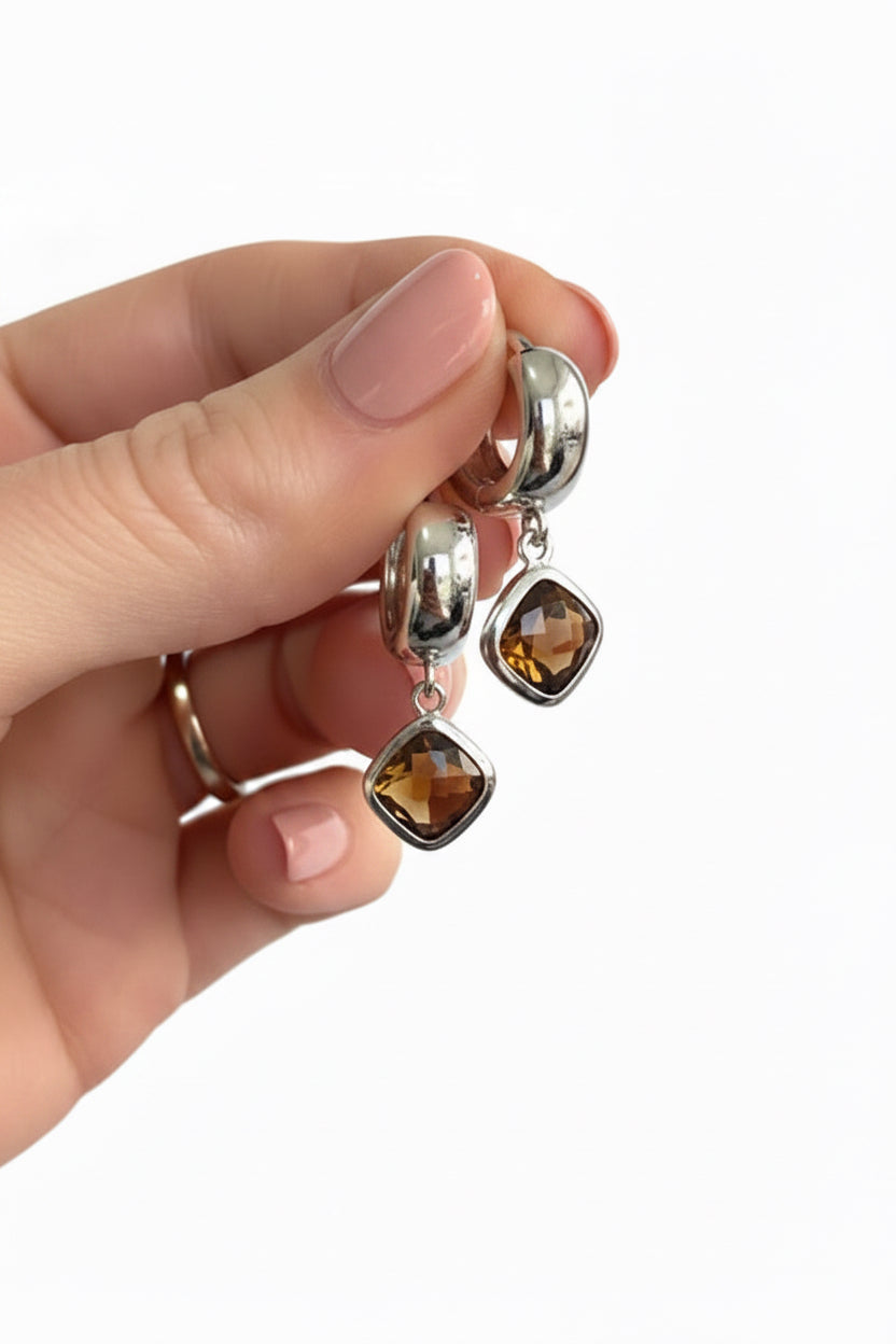 Chocolate Brown Rhombus Jewels on Silver Huggies